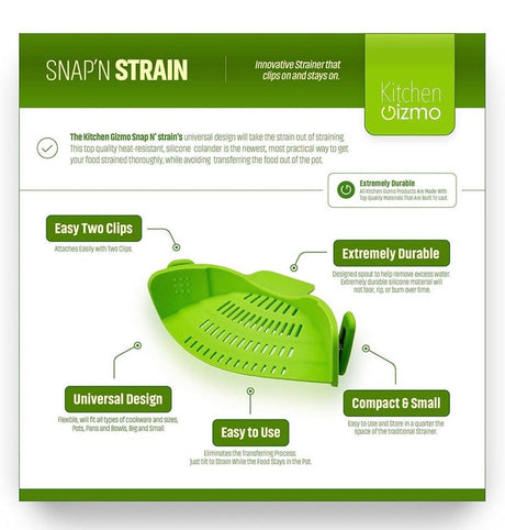 Snap 'N Strain Strainer, Clip On Silicone Colander, Fits All Pots and Bowls - Lime Green