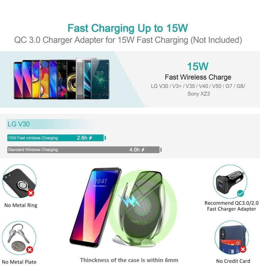 Wireless Car Charger 15W Max Fast Charging Car Mount, Infrared Sensor Auto-Clamping Smart Car Phone Holder Compatible with iPhone 11/11 Pro/11 Pro-Max/XS/X/8, LG V30/V35, Samsung Note 10/S10+/S9, Huawei P30 Pro (Black Silver)