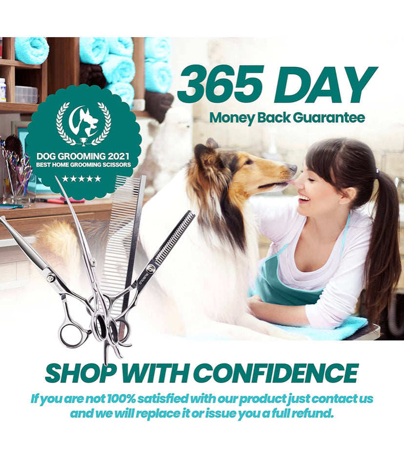 Professional Dog Grooming Scissors Set - Stainless Steel Rounded Tip Sharp Durable Shears with Pet Grooming Comb in Kit - Best Tools for Trimming Every Dog and Cat - Salon Cut