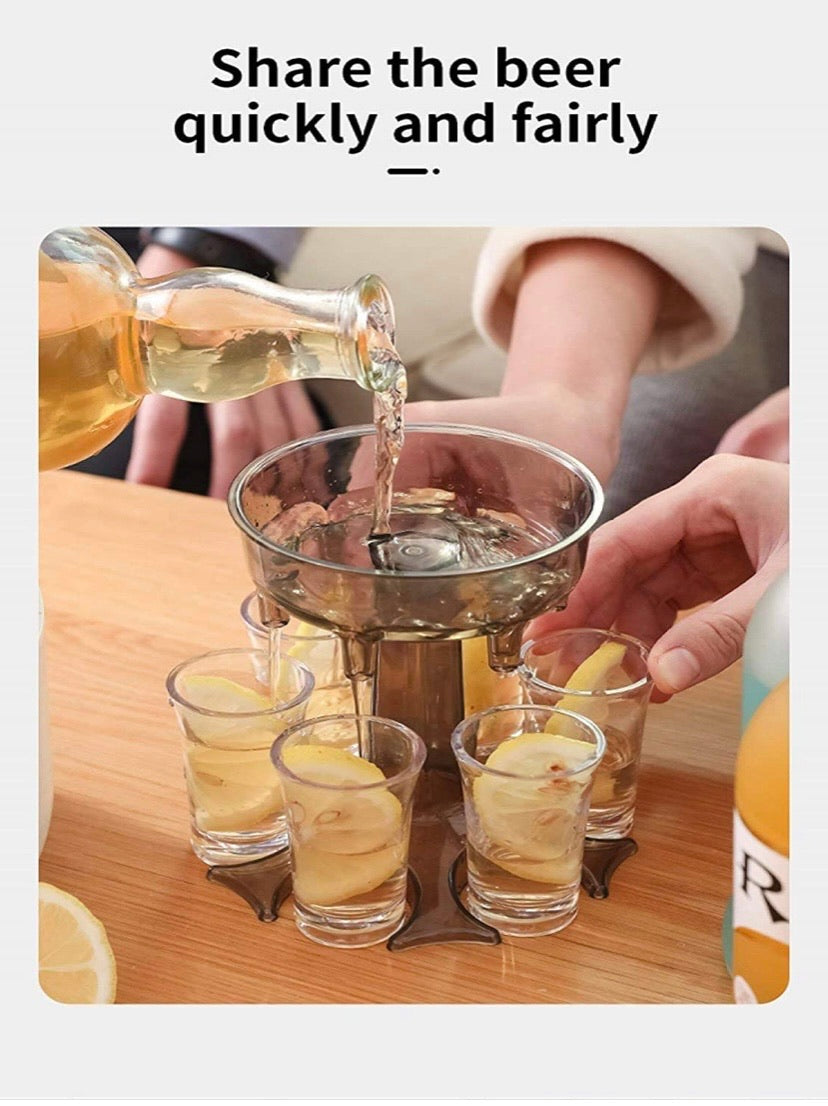 Shot Glass Dispenser Holder Carrier - The Shot Buddy with 6 Shot Glasses - Alcohol Liquor Beverage Cocktail Dispenser Set- 3 in 1 - Party Bar Accessories for Drinks (with 6 Transparent Cups)