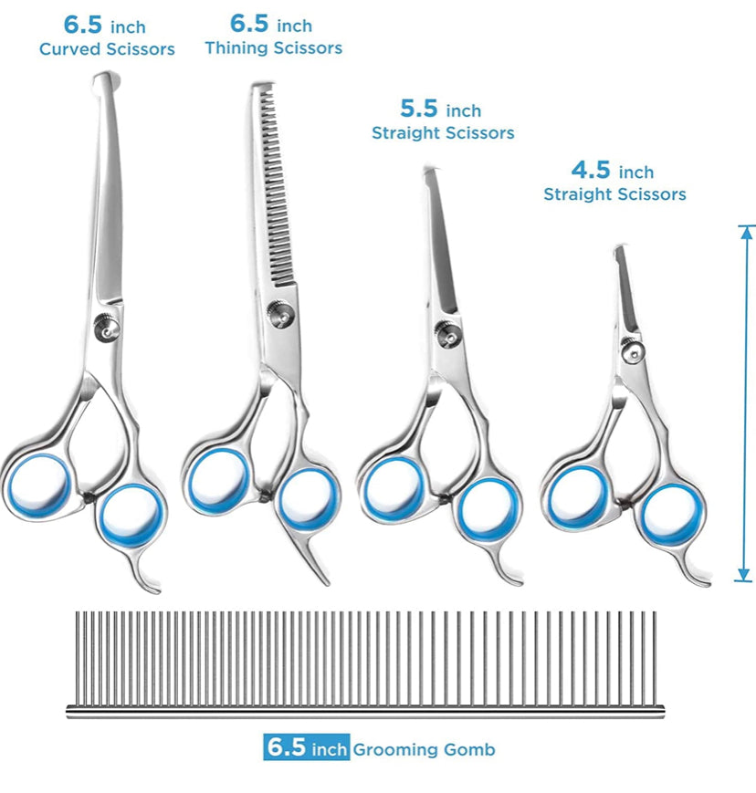 Dog Grooming Scissors Set, Safety Round Blunt Tip Grooming Tools, Professional Curved,Thinning,Straight Scissors with Comb,Grooming Shears for Dogs and Cats. (4 different size scissors)