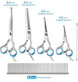 Dog Grooming Scissors Set, Safety Round Blunt Tip Grooming Tools, Professional Curved,Thinning,Straight Scissors with Comb,Grooming Shears for Dogs and Cats. (4 different size scissors)