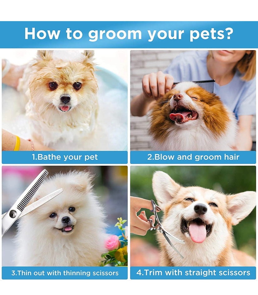 Dog Grooming Scissors Set, Safety Round Blunt Tip Grooming Tools, Professional Curved,Thinning,Straight Scissors with Comb,Grooming Shears for Dogs and Cats. (4 different size scissors)