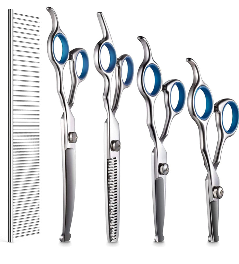 Dog Grooming Scissors Set, Safety Round Blunt Tip Grooming Tools, Professional Curved,Thinning,Straight Scissors with Comb,Grooming Shears for Dogs and Cats. (4 different size scissors)