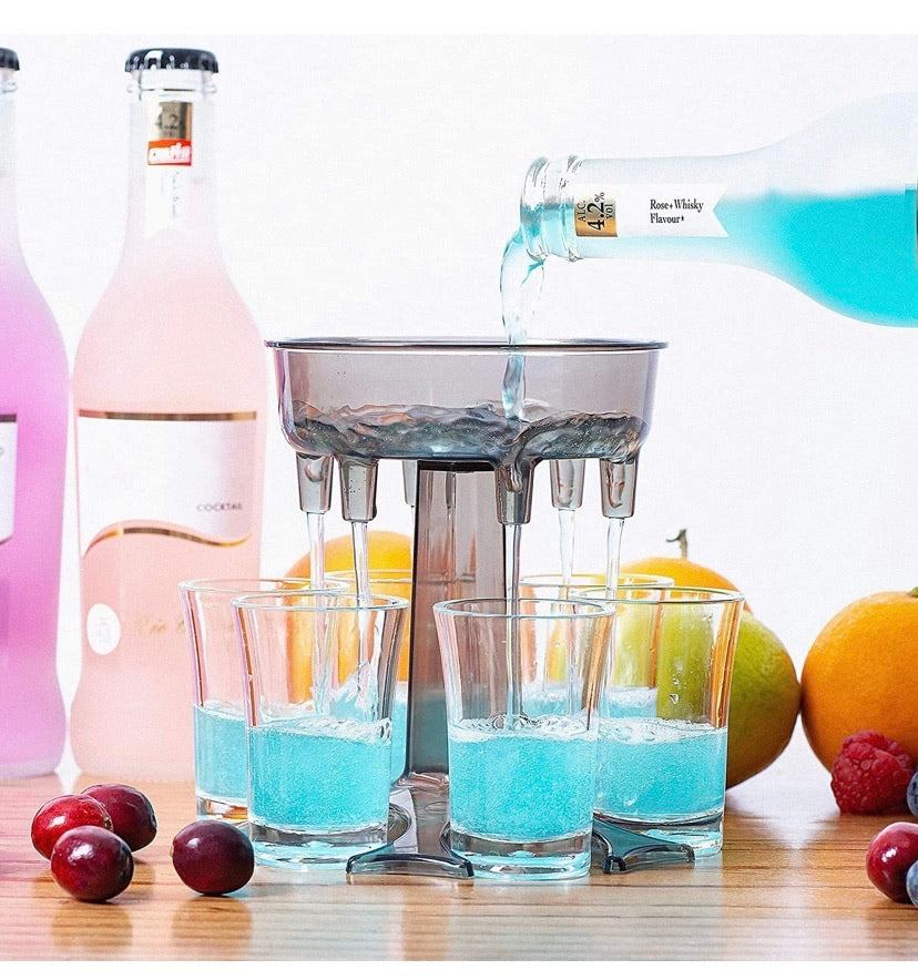 Shot Glass Dispenser Holder Carrier - The Shot Buddy with 6 Shot Glasses - Alcohol Liquor Beverage Cocktail Dispenser Set- 3 in 1 - Party Bar Accessories for Drinks (with 6 Transparent Cups)