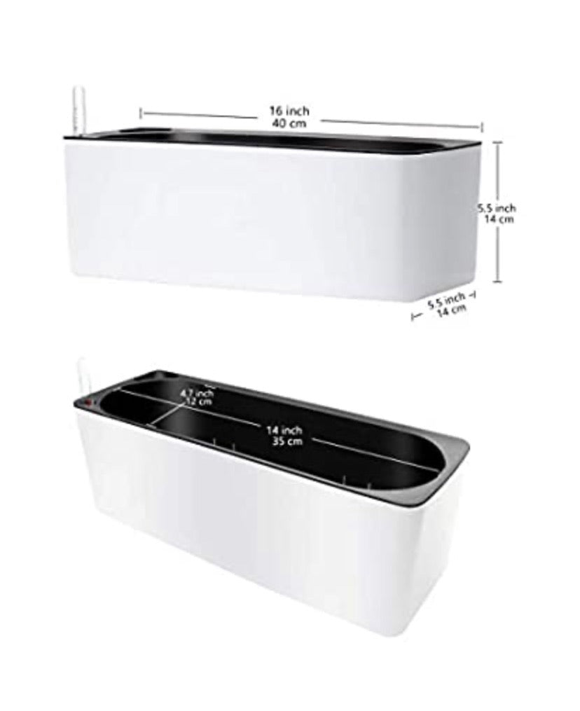 Rectangle Self Watering Planter Pots Window Box 40 cm Indoor Home Garden Modern Decorative Planter Pot for All House Plants Flowers Herbs (1, White(14x40 cm))