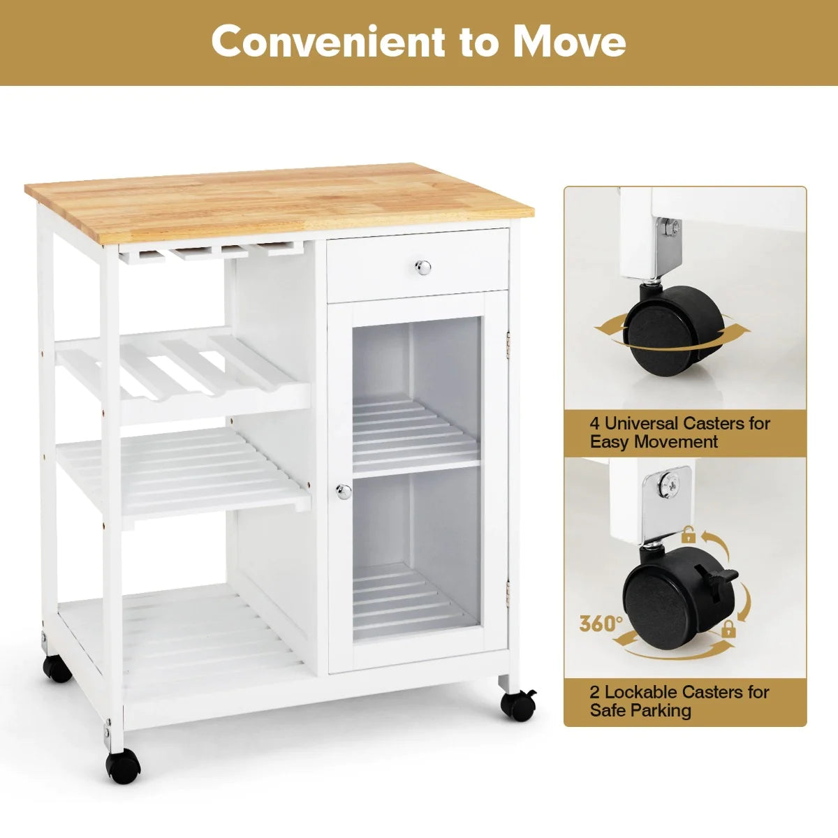 Mobile Kitchen Island Wood Top Trolley Cart Storage Cabinet w/Shelf & Wine Rack