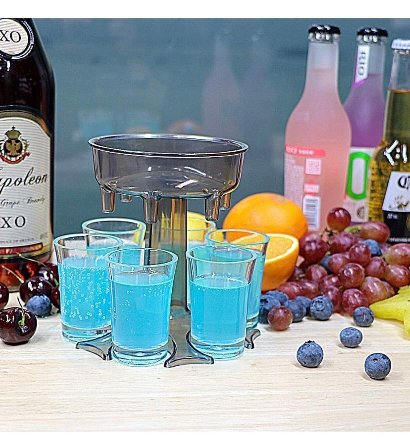 Shot Glass Dispenser Holder Carrier - The Shot Buddy with 6 Shot Glasses - Alcohol Liquor Beverage Cocktail Dispenser Set- 3 in 1 - Party Bar Accessories for Drinks (with 6 Transparent Cups)