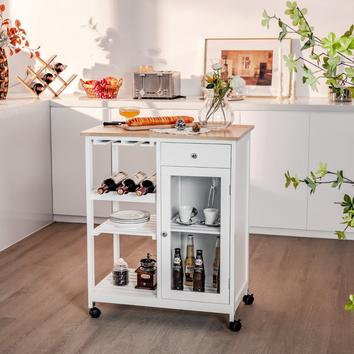Mobile Kitchen Island Wood Top Trolley Cart Storage Cabinet w/Shelf & Wine Rack