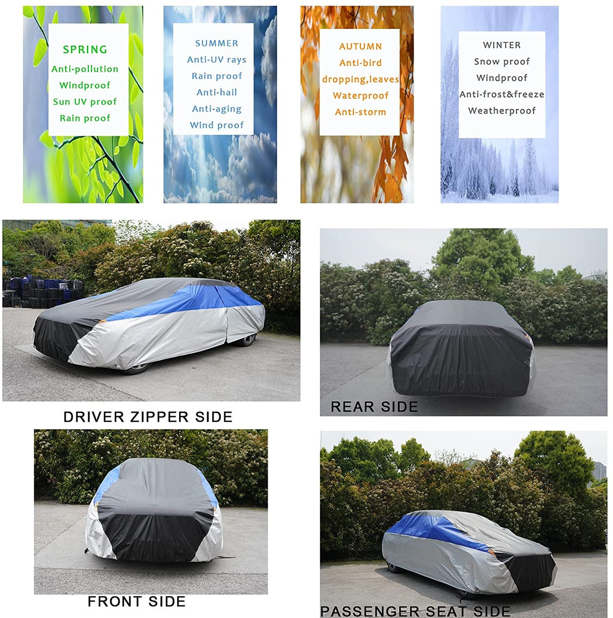 6 Layers Waterproof Car Cover with Cotton Zipper, Universal Fit