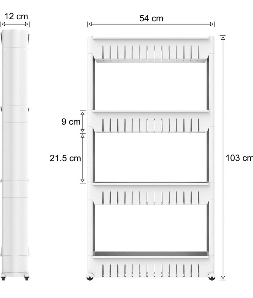 4 Tier Slim Storage Cart Mobile Shelving Unit Organizer Slide Out Storage Rolling Utility Cart Tower, Gap Storage Pantry Storage Rack for Kitchen Bathroom Laundry Narrow Spaces, Plastic, White