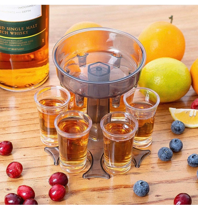 Shot Glass Dispenser Holder Carrier - The Shot Buddy with 6 Shot Glasses - Alcohol Liquor Beverage Cocktail Dispenser Set- 3 in 1 - Party Bar Accessories for Drinks (with 6 Transparent Cups)